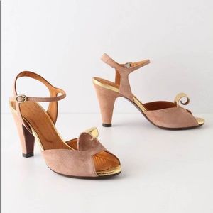 Chie Mihara Anthropologie Furled Gold Suede Heel